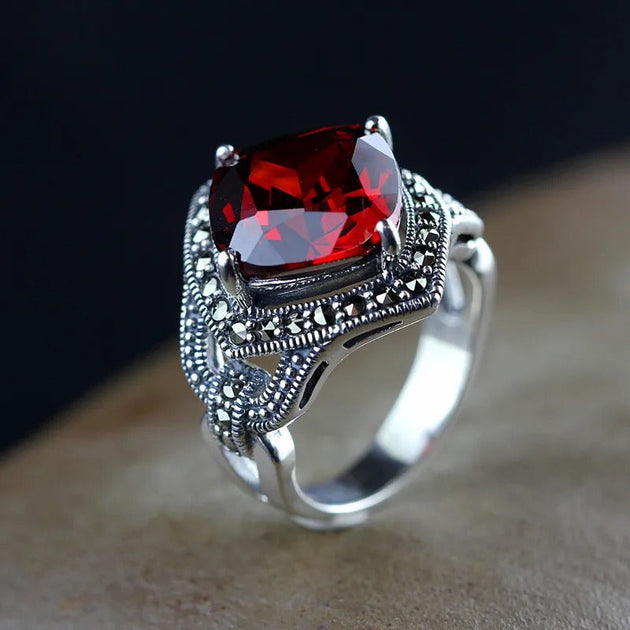 Bague Ancienne En Argent 925 Et Grenat Almandin - Taille 56 - Style Cocktail - Occasion