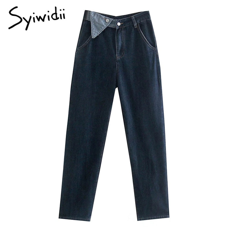 Syiwidii High Waist Women’s Jeans Spliced 2 Buttons Vintage Streetwear Fashion Straight Wide Leg Baggy Pants for Women Dark Blue