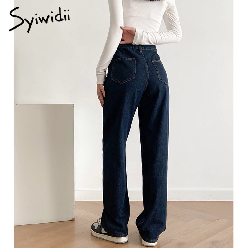 Syiwidii High Waist Women’s Jeans Spliced 2 Buttons Vintage Streetwear Fashion Straight Wide Leg Baggy Pants for Women Dark Blue