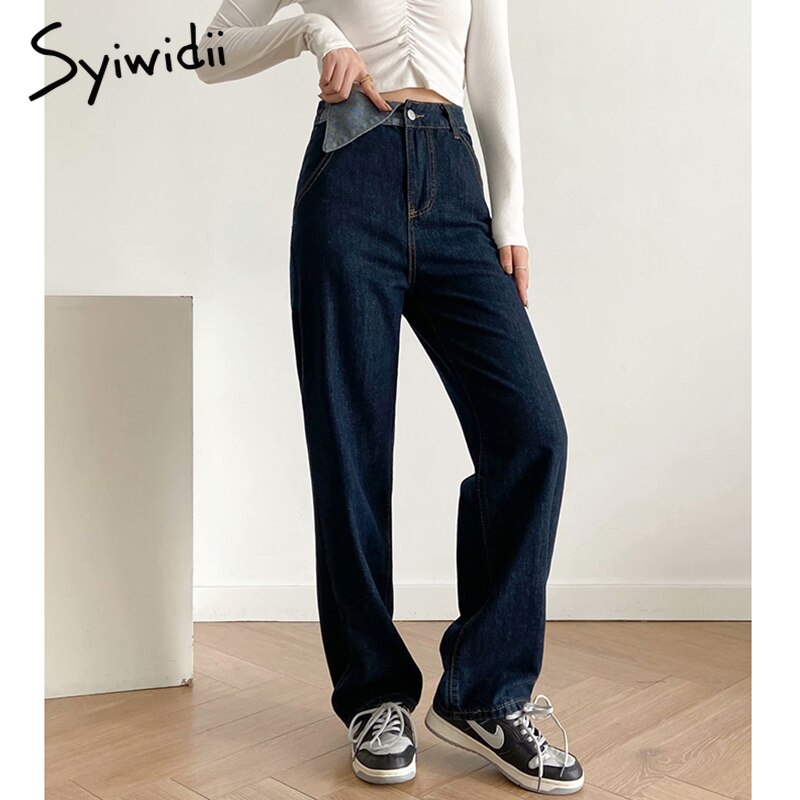 Syiwidii High Waist Women’s Jeans Spliced 2 Buttons Vintage Streetwear Fashion Straight Wide Leg Baggy Pants for Women Dark Blue