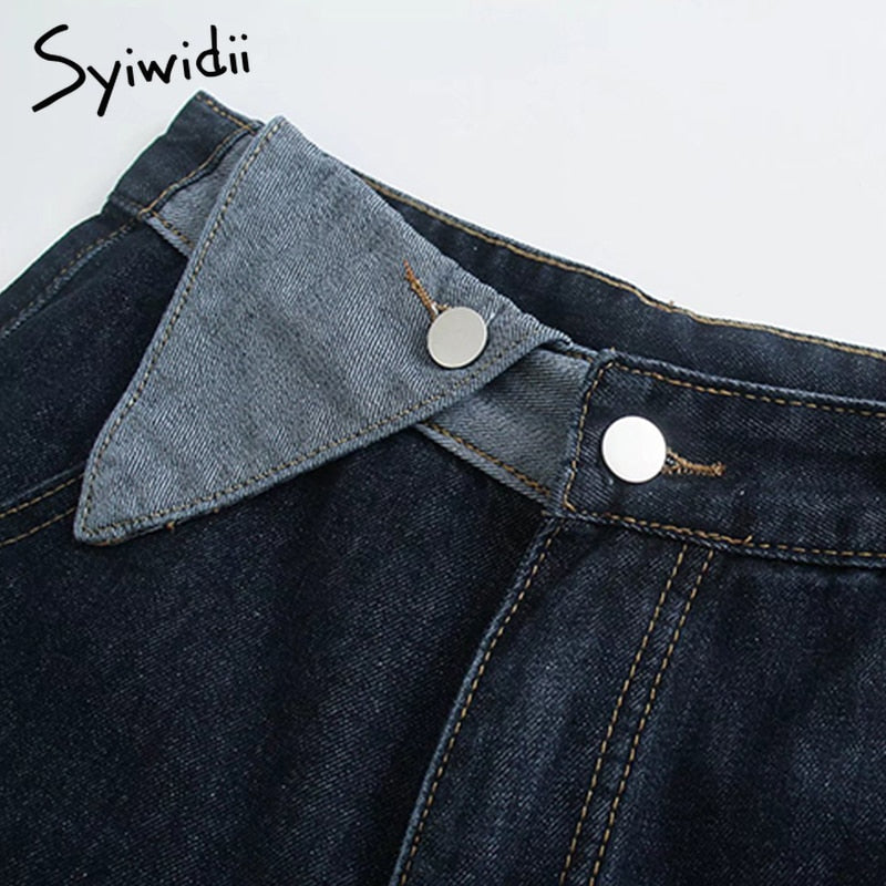 Syiwidii High Waist Women’s Jeans Spliced 2 Buttons Vintage Streetwear Fashion Straight Wide Leg Baggy Pants for Women Dark Blue