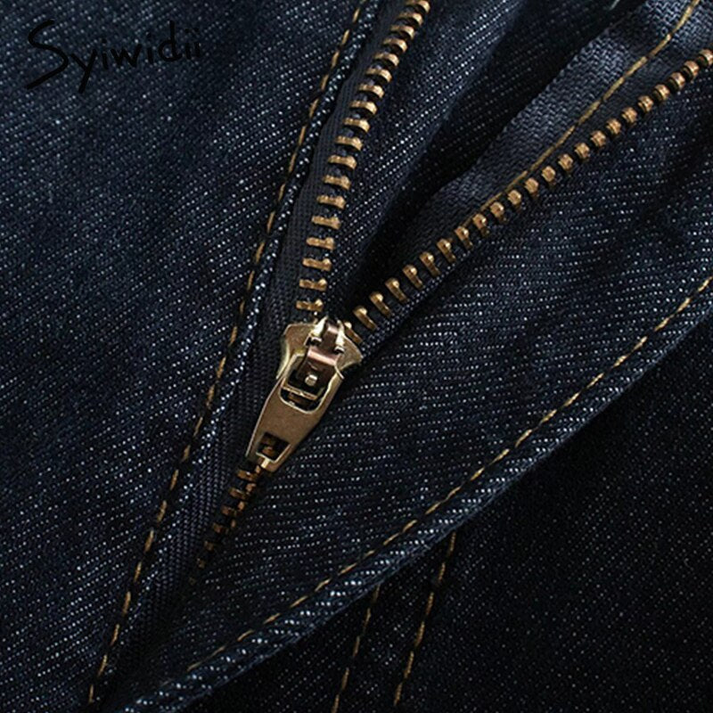 Syiwidii High Waist Women’s Jeans Spliced 2 Buttons Vintage Streetwear Fashion Straight Wide Leg Baggy Pants for Women Dark Blue