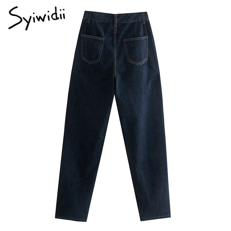 Syiwidii High Waist Women’s Jeans Spliced 2 Buttons Vintage Streetwear Fashion Straight Wide Leg Baggy Pants for Women Dark Blue