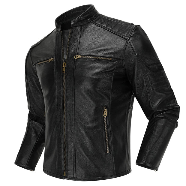 Veste Motard En Cuir Noir Pour Homme - Coupe Ajustée, Style Course, Poches Zippées, Doublure Satin, Finition Nappa